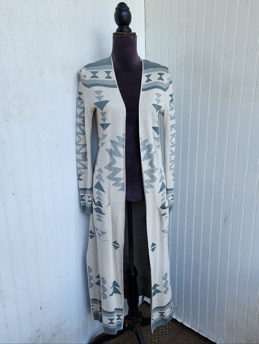 Jessica Simpson Aztec Print Long Open Cardigan Green Cream Long Sleeve Cotton S